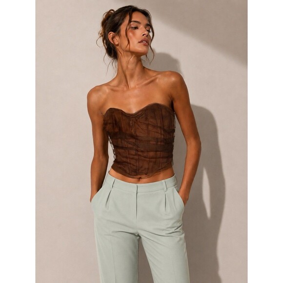 Zara Tops - Zara Corsetry Tulle Crop Top Brown Strapless Sheer Bustier M Corset Whimsigoth